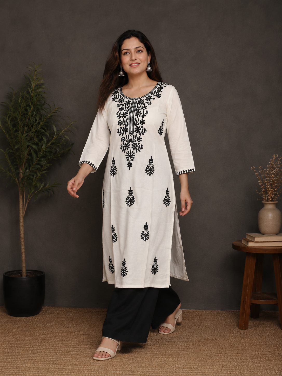 White Thread Embroidered Rayon Kurti