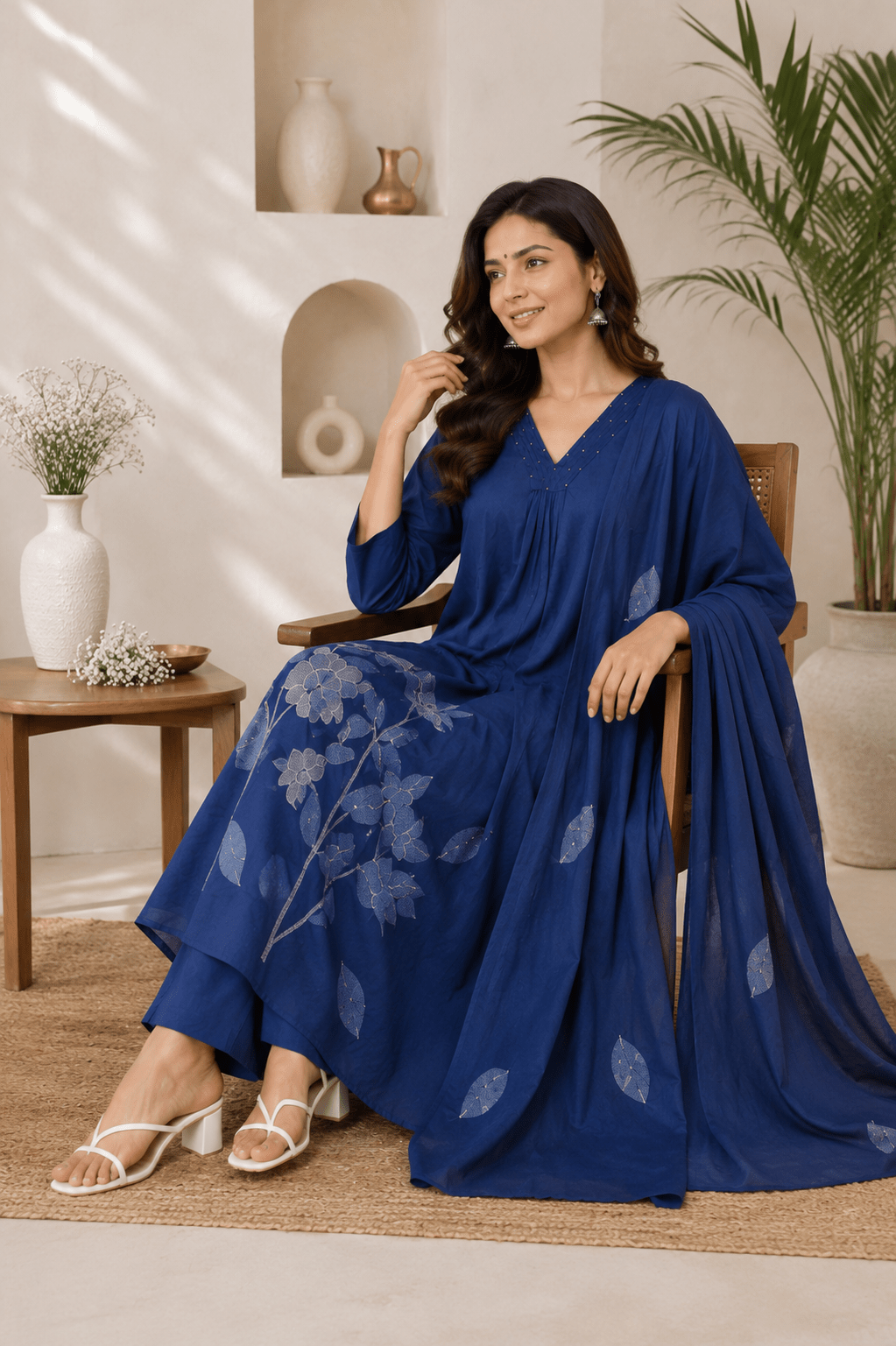 Blue Printed Cotton Flared A Line Kurti Set with Dupatta