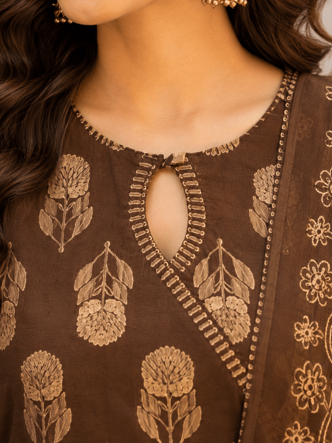 Coffee Brown Block Printed Cotton Kurti and Palazzo set