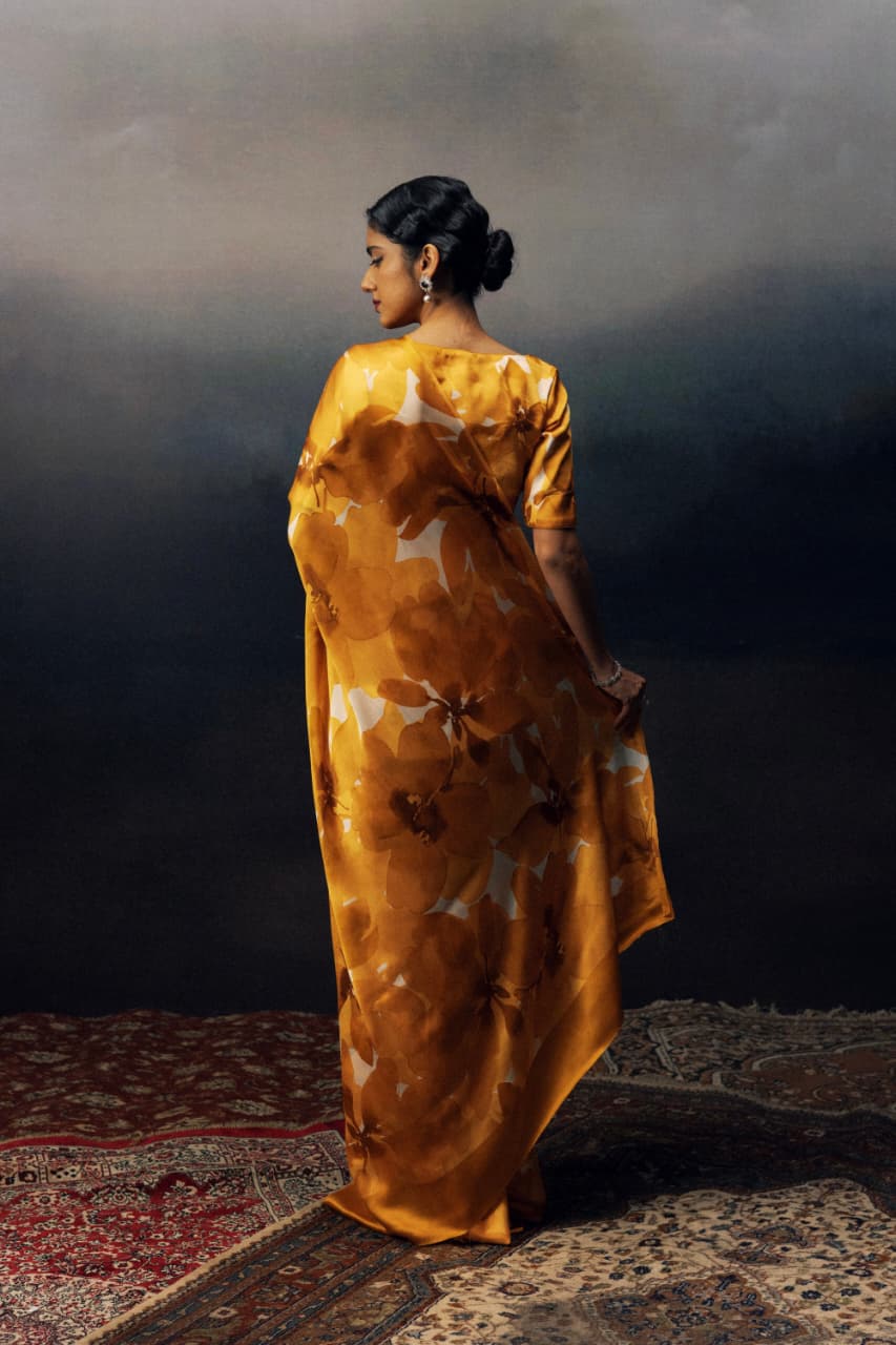 Golden Petal Printed Satin Saree - Mayantiie