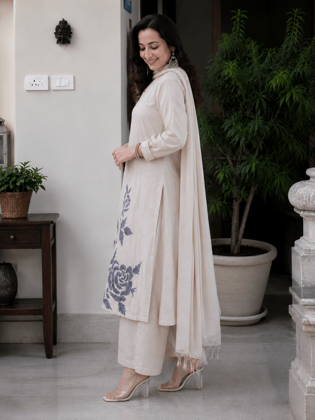 Ivory Bloom Embroidered Khadi Kurta Trouser Set with Dupatta - Mayantiie