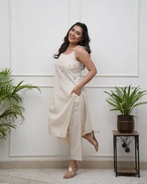 Ivory Breeze Spaghetti Cotton Kurta with Pants - Mayantiie