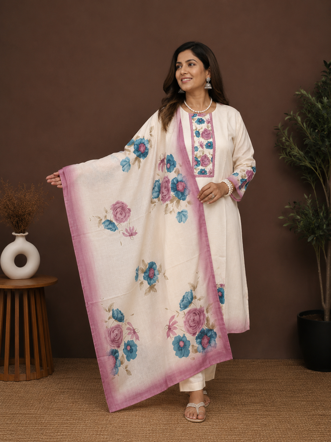 Ivory Floral Lilan Cotton Kurti Pant Set with Dupatta
