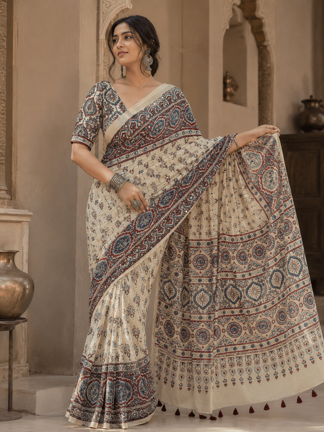 Meher Ajrakh Inspired Ivory Gaji Silk Saree