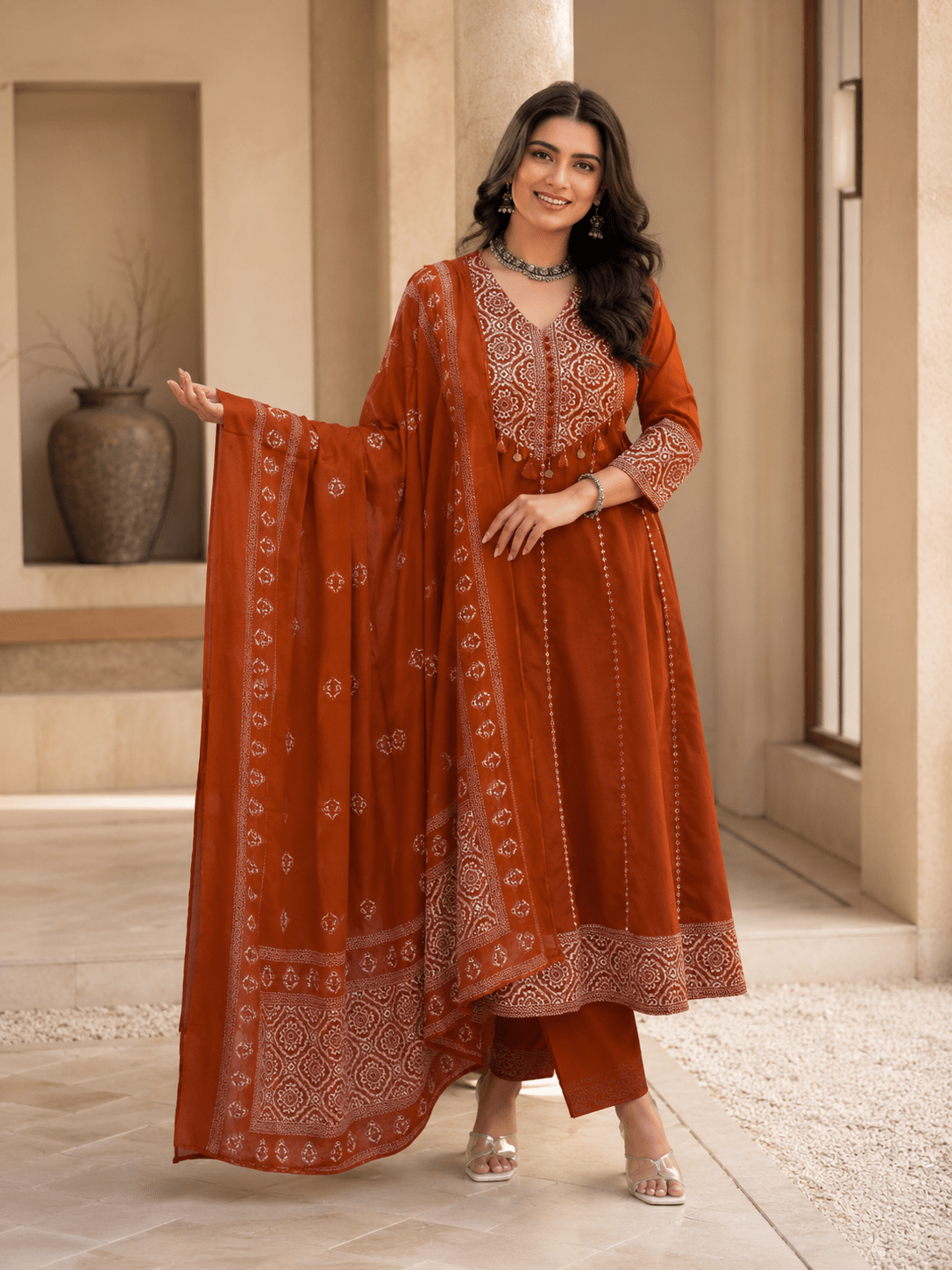 Meher Rust Premium Cotton Anarkali Kurta Pant Set