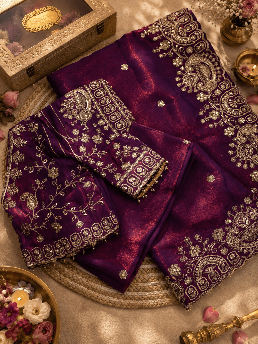 Royal Plum Zari Embroidered Silk Saree - Mayantiie