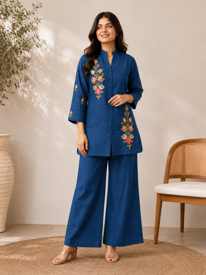 Teal Blue Embroidered Co-Ord Set