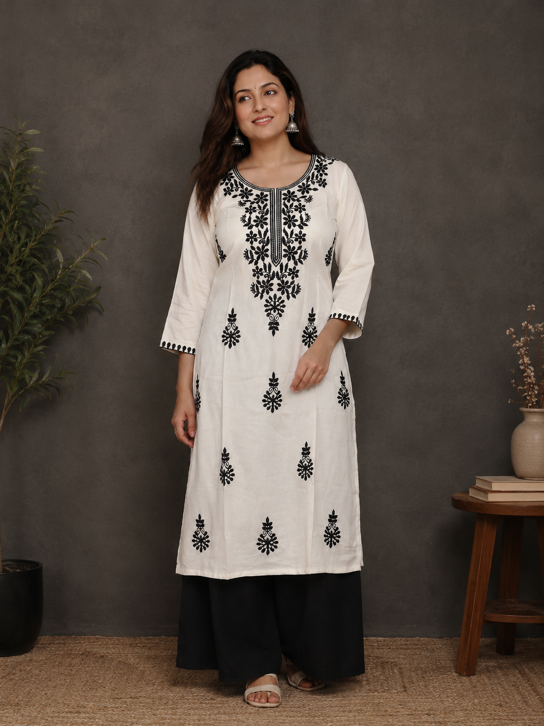 White Thread Embroidered Rayon Kurti
