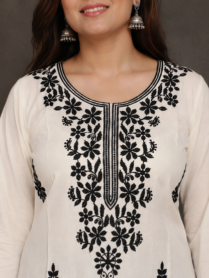 White Thread Embroidered Rayon Kurti