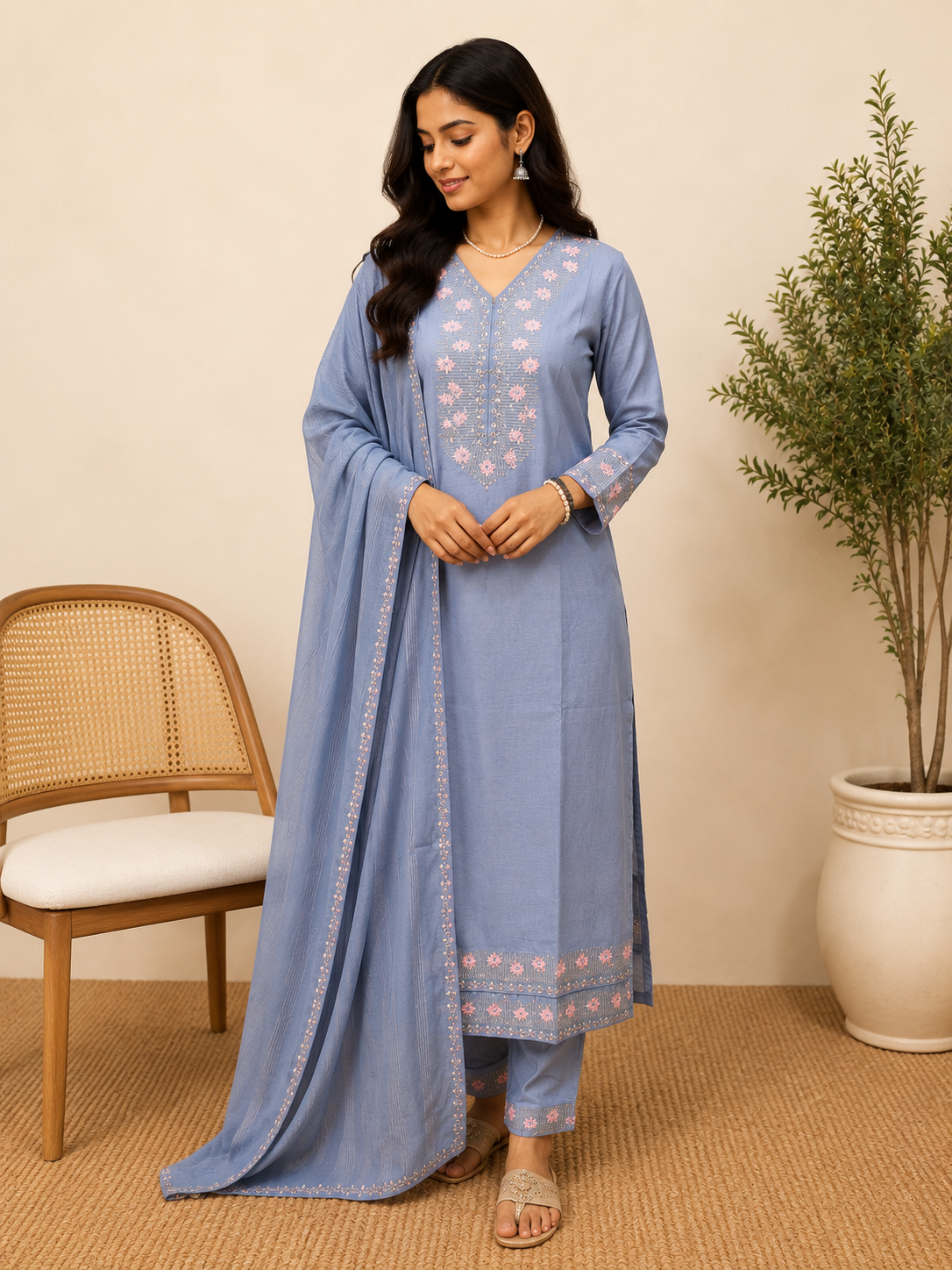 Grey Embroidered Cotton Kurti Pant Set with Mul Dupatta