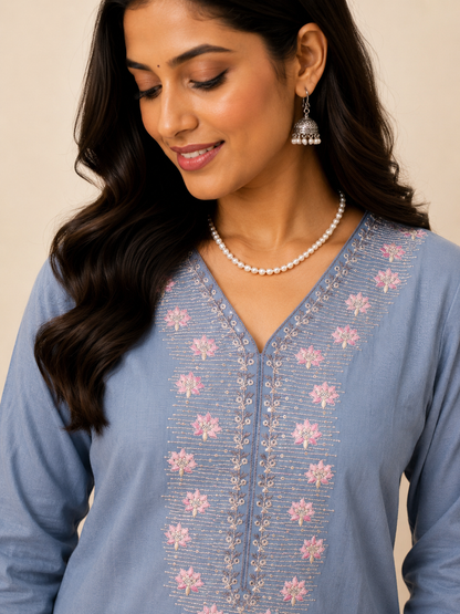 Grey Embroidered Cotton Kurti Pant Set with Mul Dupatta