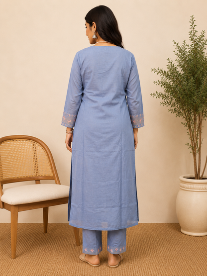 Grey Embroidered Cotton Kurti Pant Set with Mul Dupatta