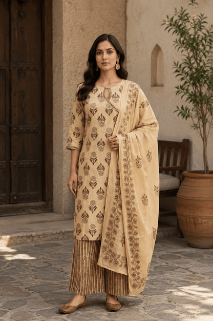 Beige Block Printed Cotton Kurti and Palazzo set with Dupatta