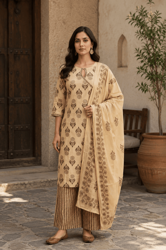 Beige Block Printed Cotton Kurti and Palazzo set with Dupatta