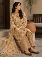 Beige Block Printed Cotton Kurti and Palazzo set with Dupatta