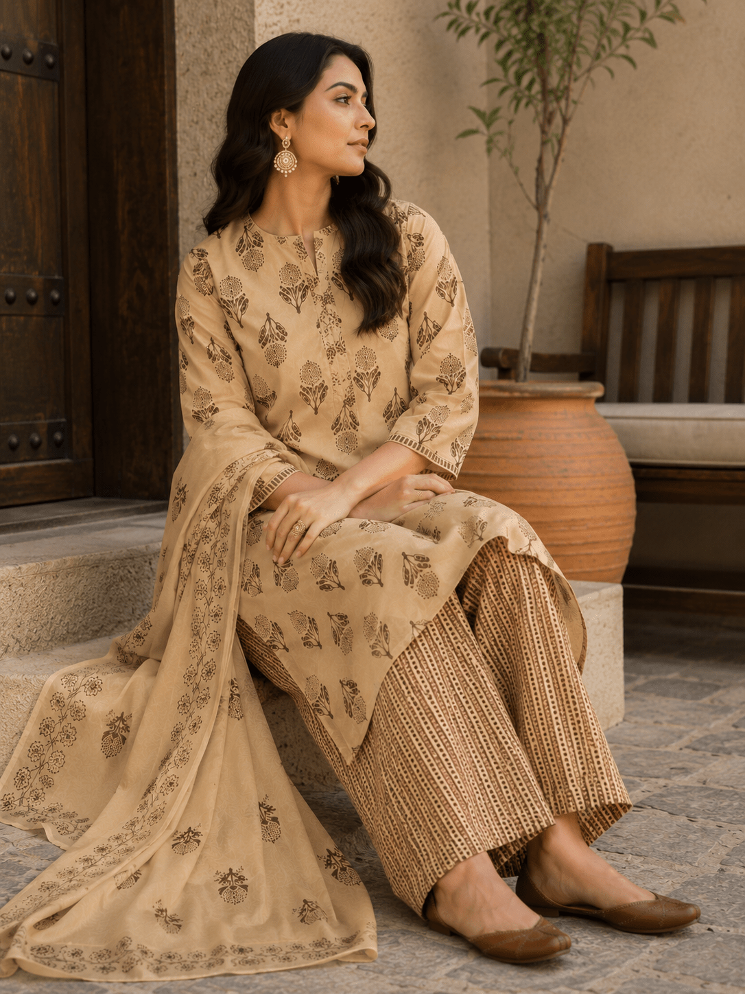 Beige Block Printed Cotton Kurti and Palazzo set with Dupatta