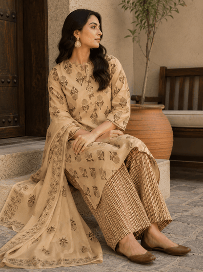 Beige Block Printed Cotton Kurti and Palazzo set with Dupatta