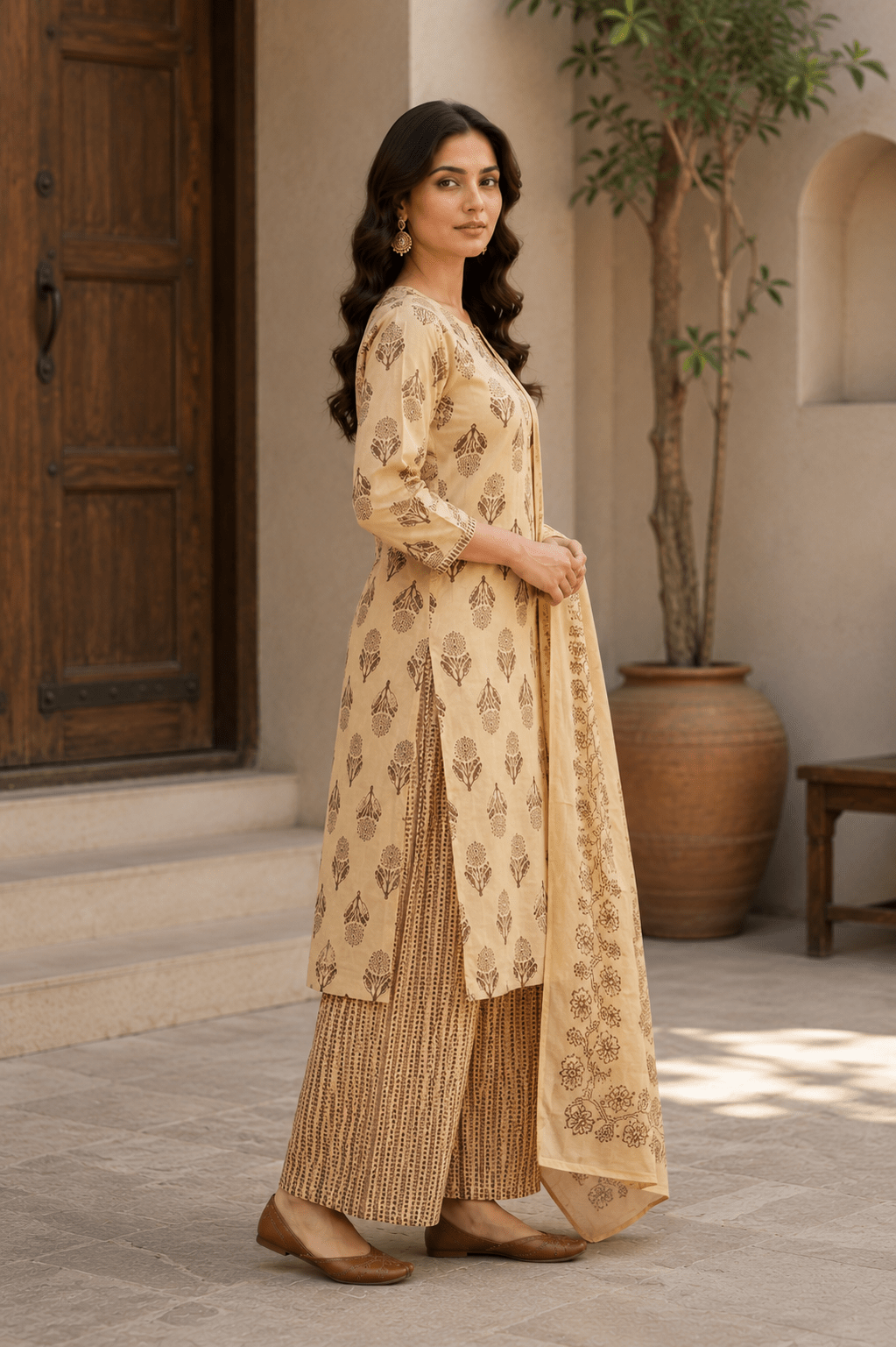 Beige Block Printed Cotton Kurti and Palazzo set with Dupatta