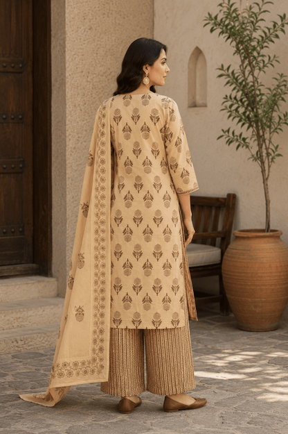 Beige Block Printed Cotton Kurti and Palazzo set with Dupatta