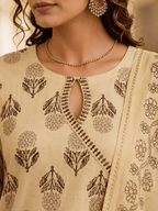 Beige Block Printed Cotton Kurti and Palazzo set with Dupatta