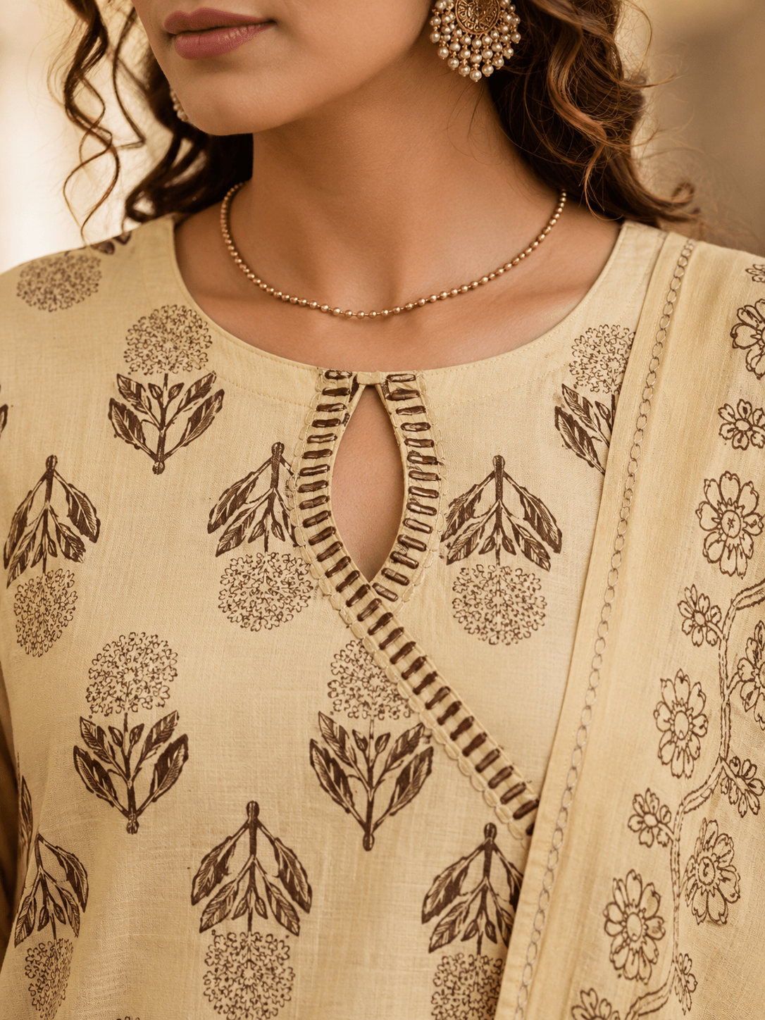 Beige Block Printed Cotton Kurti and Palazzo set with Dupatta