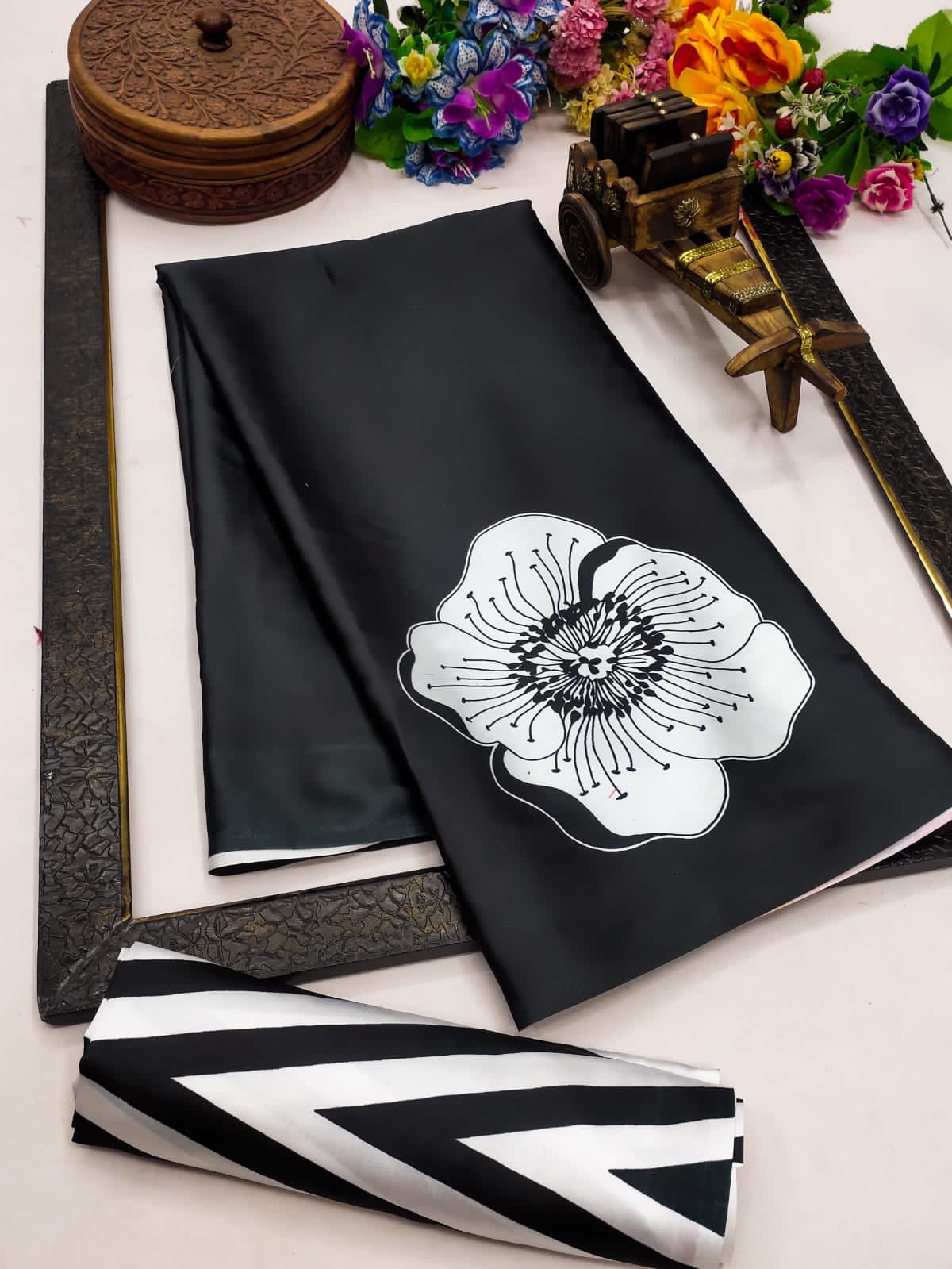 Black Bloom Printed Satin Saree - Mayantiie