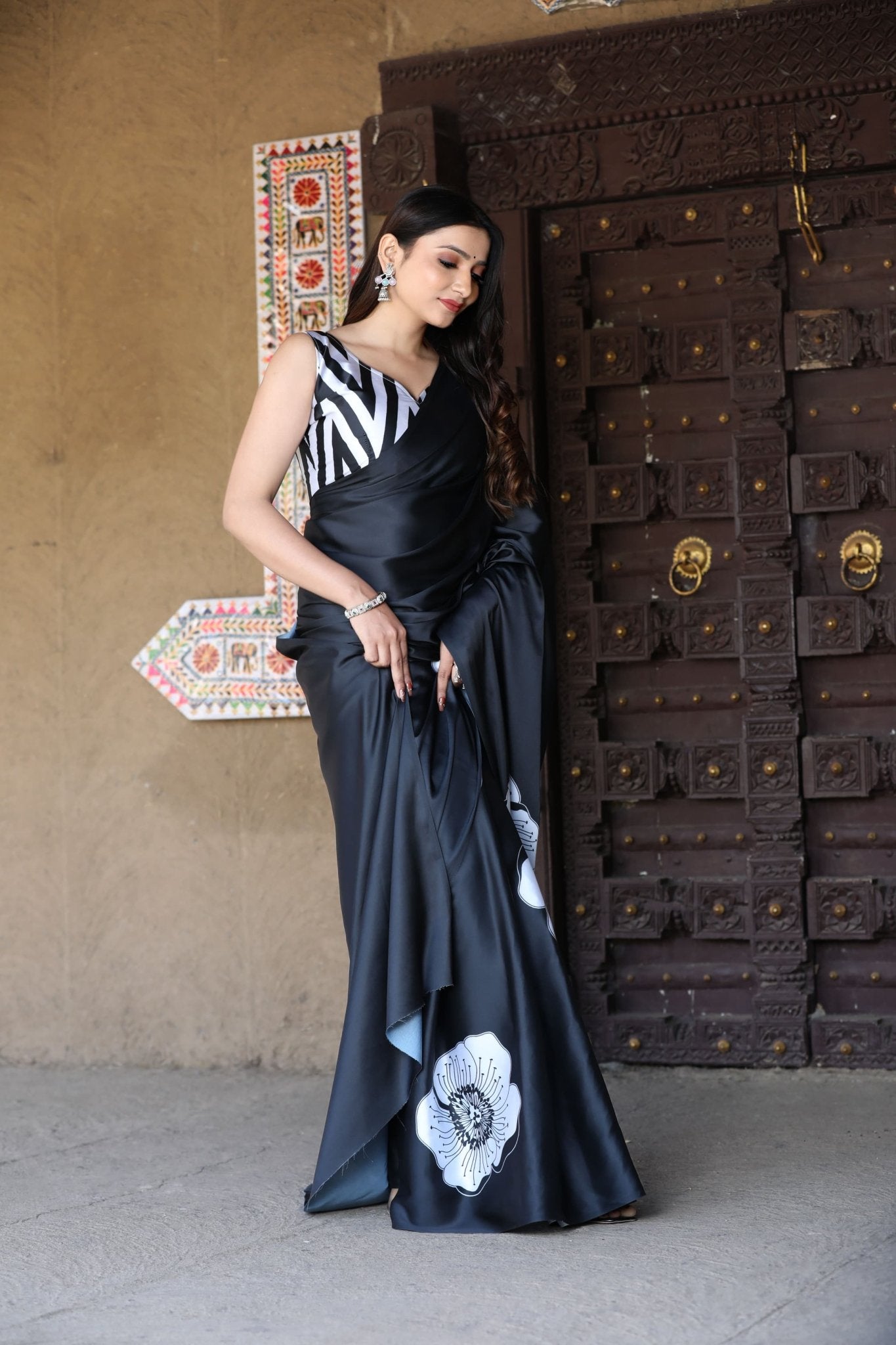 Black Bloom Printed Satin Saree - Mayantiie