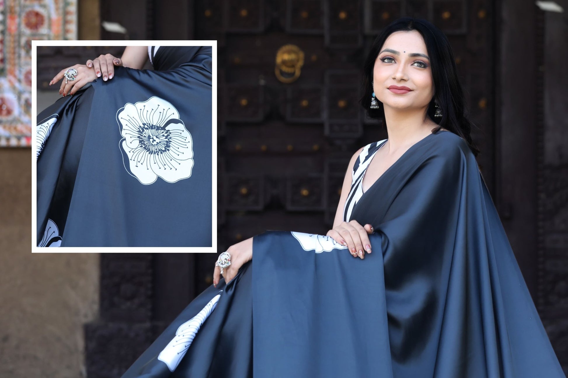 Black Bloom Printed Satin Saree - Mayantiie