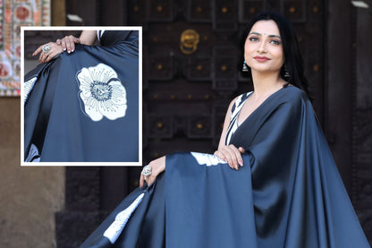 Black Bloom Printed Satin Saree - Mayantiie