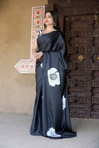 Black Bloom Printed Satin Saree - Mayantiie