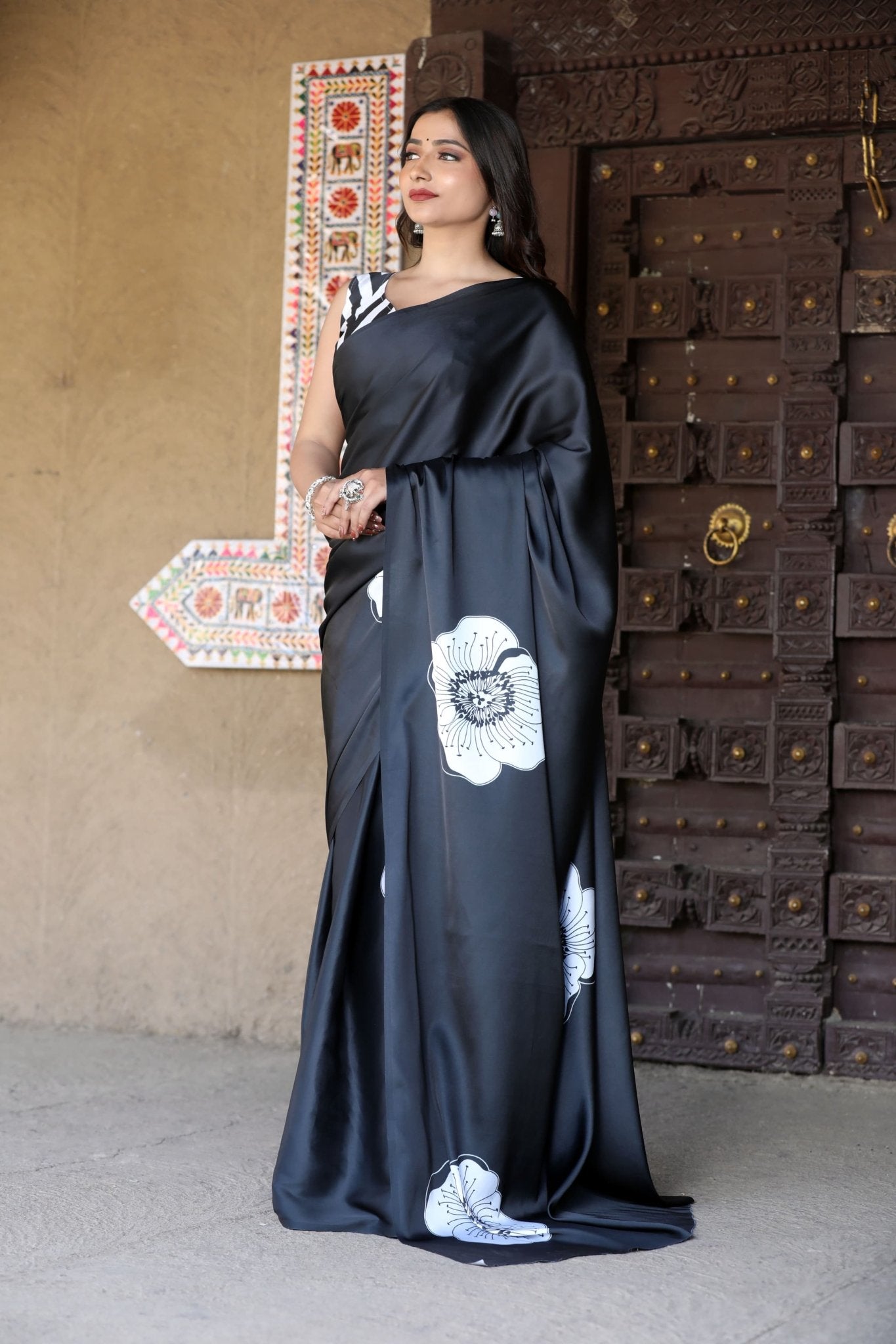 Black Bloom Printed Satin Saree - Mayantiie