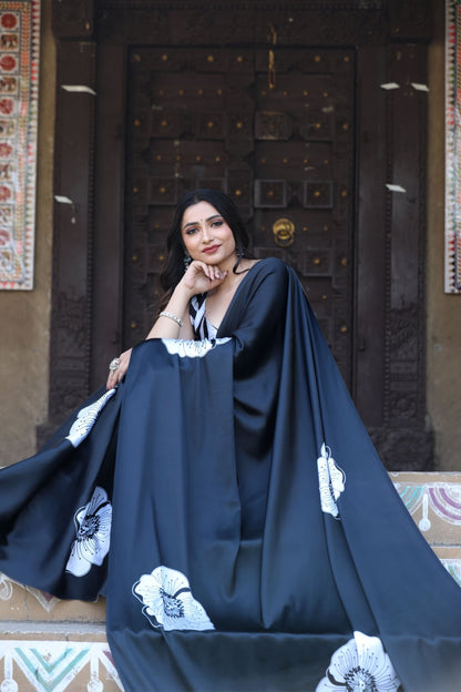 Black Bloom Printed Satin Saree - Mayantiie