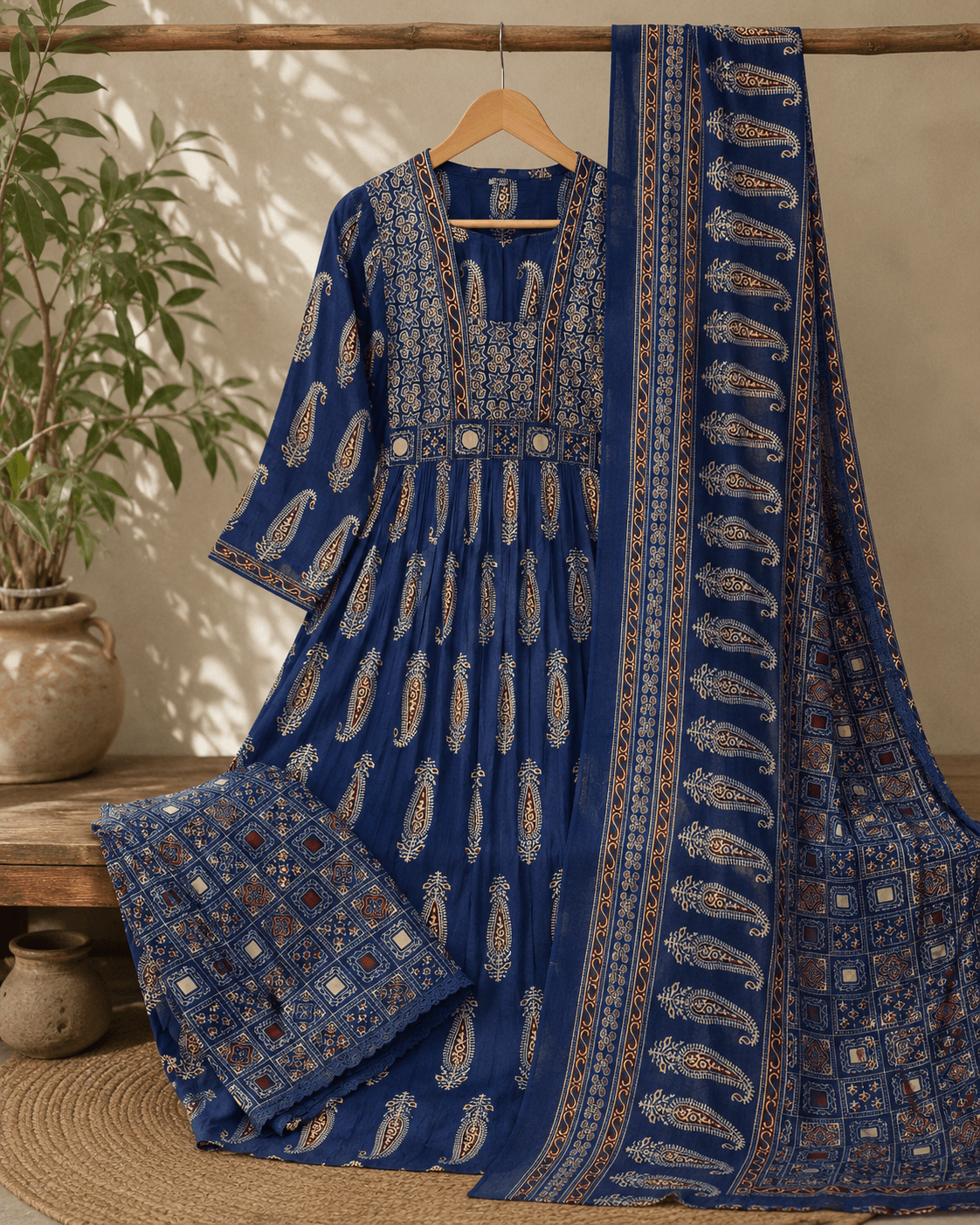 Blue Ajrakh Printed Cotton Anarkali Suit Palazzo set