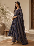 Blue Ajrakh Printed Cotton Anarkali Suit Palazzo set