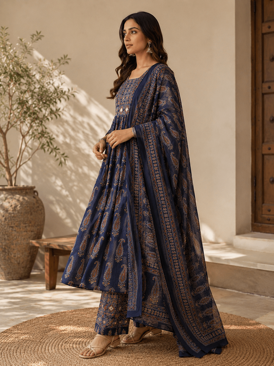 Blue Ajrakh Printed Cotton Anarkali Suit Palazzo set