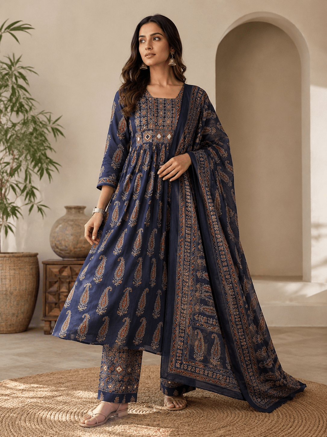 Blue Ajrakh Printed Cotton Anarkali Suit Palazzo set