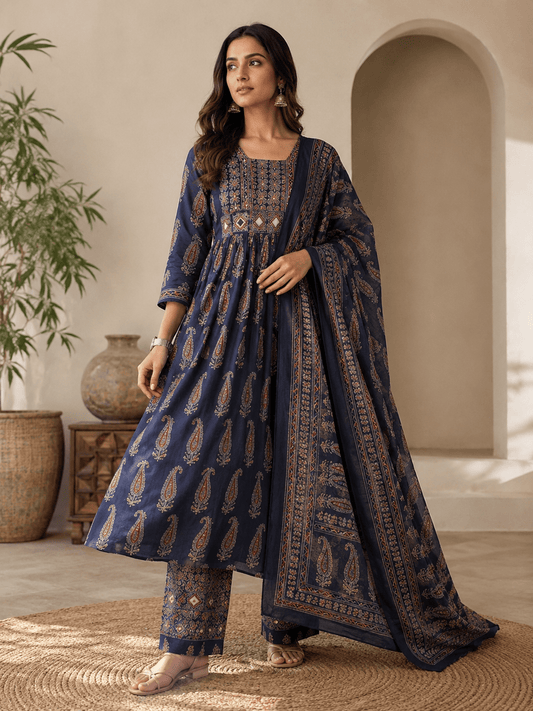 Blue Ajrakh Printed Cotton Anarkali Suit Palazzo set