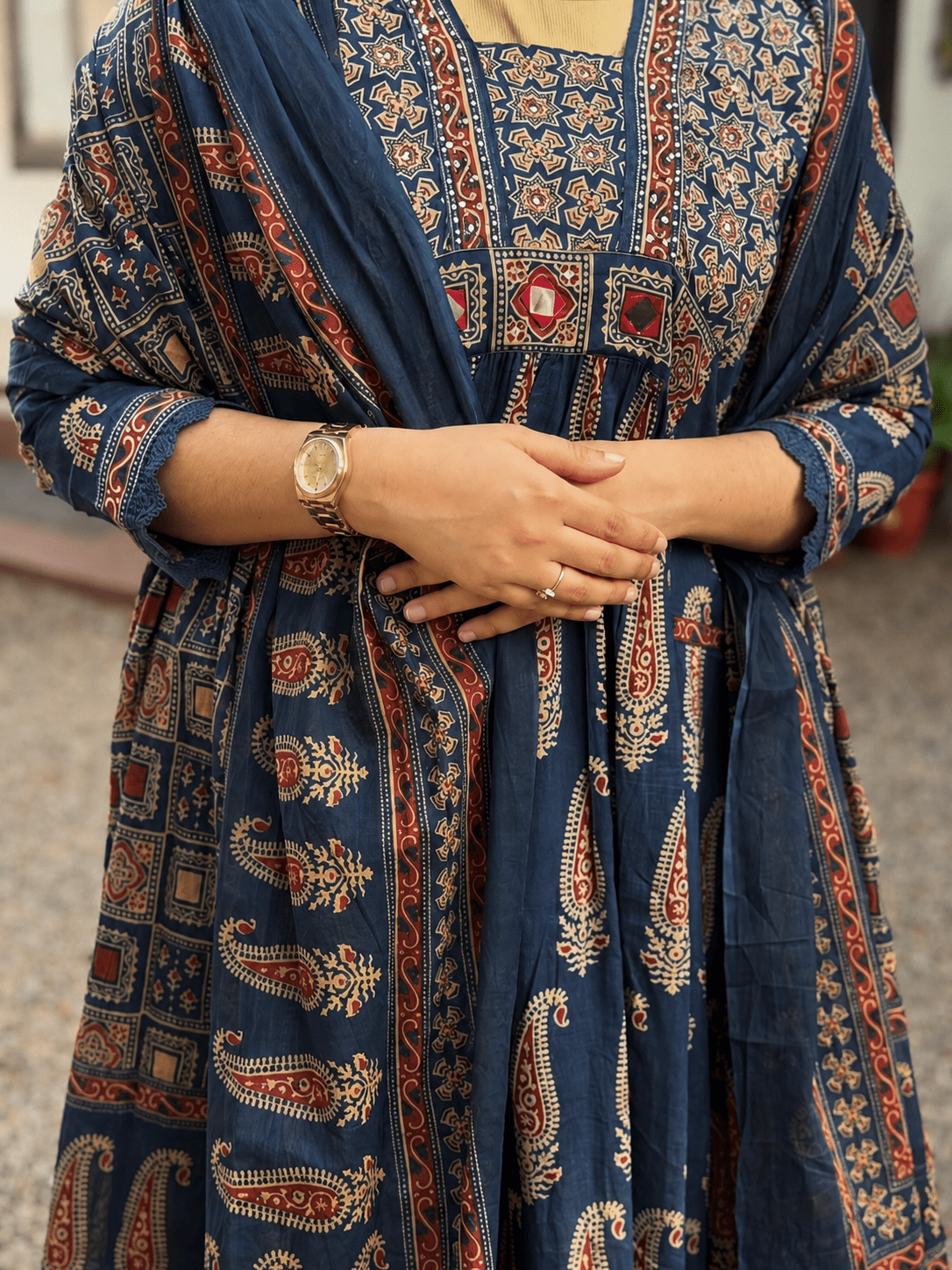 Blue Ajrakh Printed Cotton Anarkali Suit Palazzo set