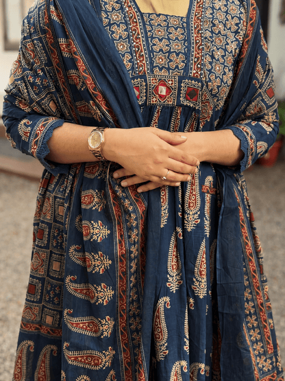 Blue Ajrakh Printed Cotton Anarkali Suit Palazzo set