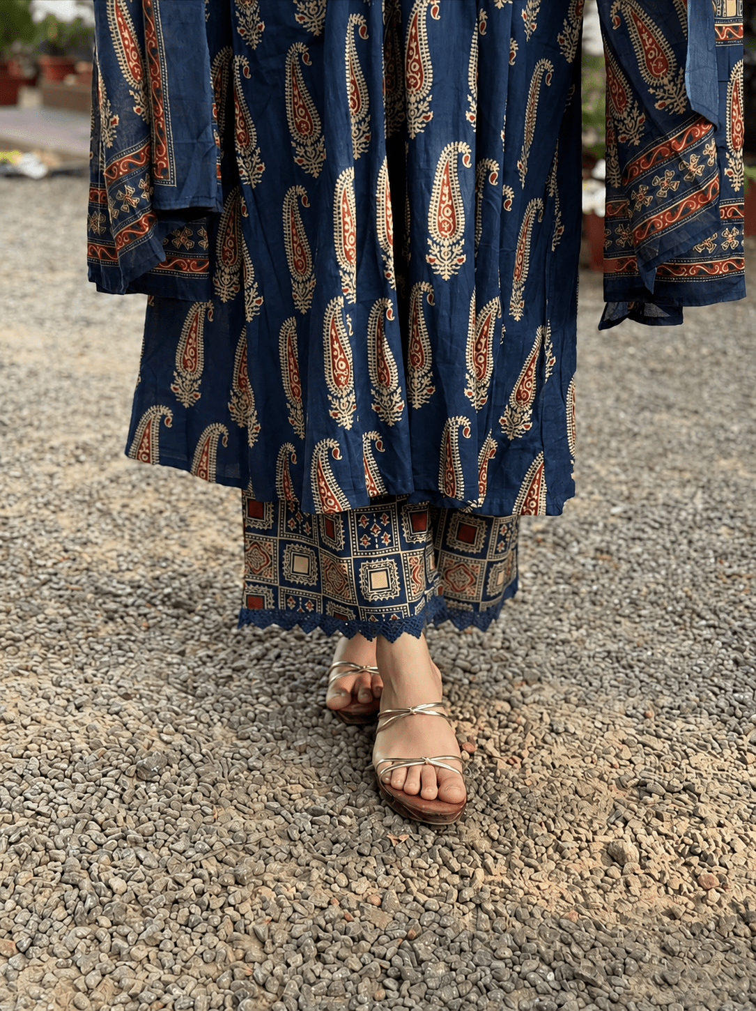 Blue Ajrakh Printed Cotton Anarkali Suit Palazzo set