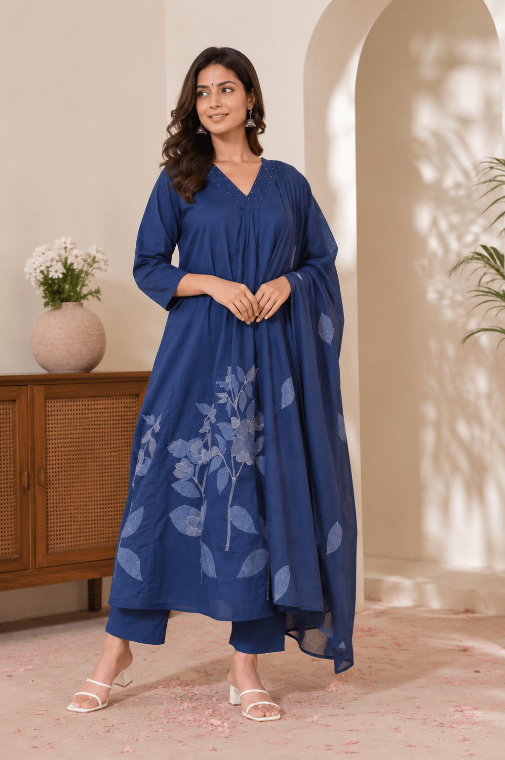 Blue Printed Cotton Flared A Line Kurti Set with Dupatta