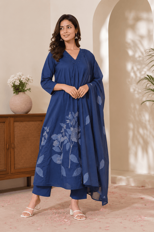 Blue Printed Cotton Flared A Line Kurti Set with Dupatta