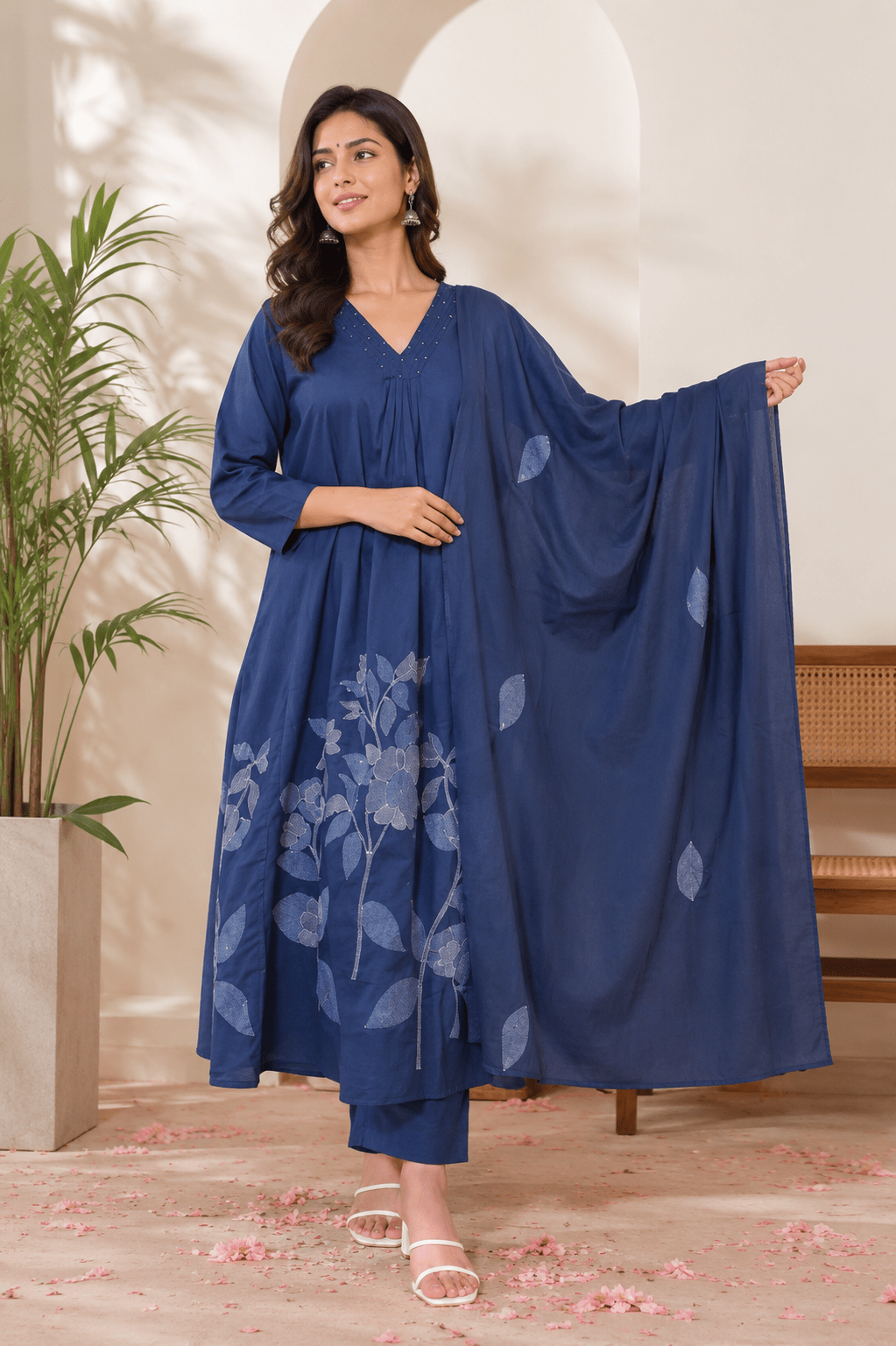 Blue Printed Cotton Flared A Line Kurti Set with Dupatta