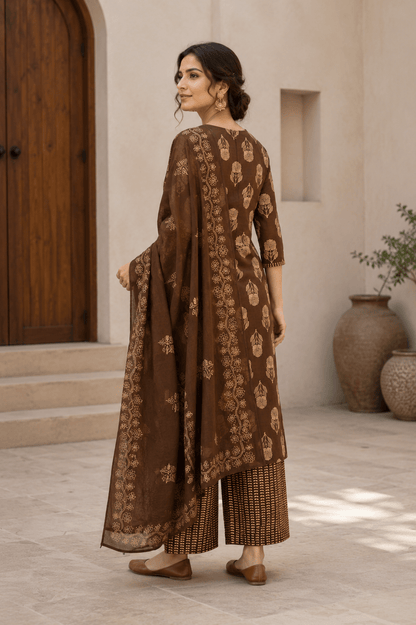 Coffee Brown Block Printed Cotton Kurti and Palazzo set
