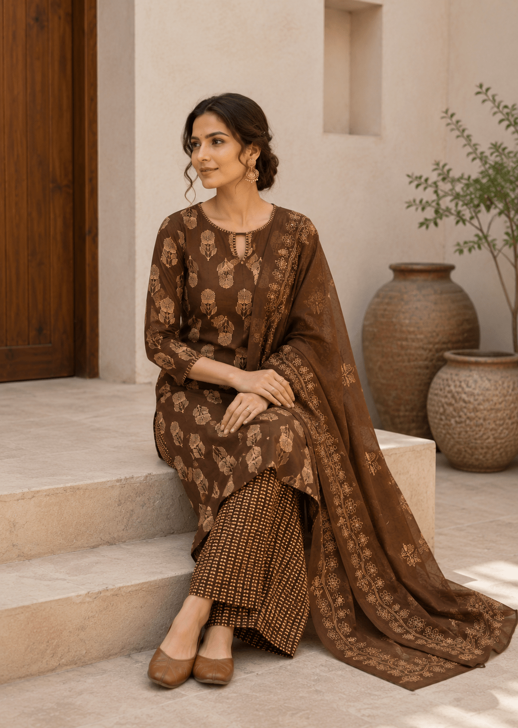 Coffee Brown Block Printed Cotton Kurti and Palazzo set