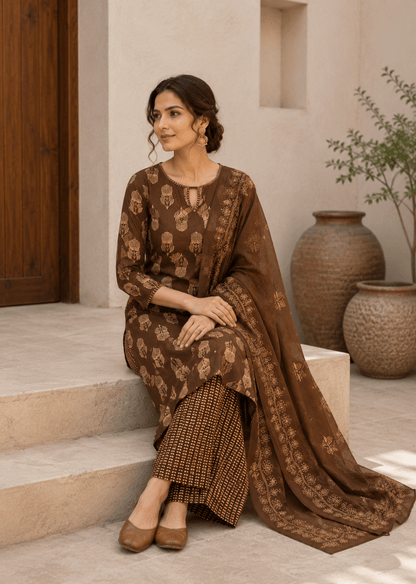 Coffee Brown Block Printed Cotton Kurti and Palazzo set