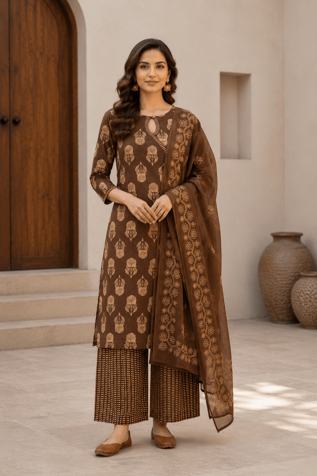 Coffee Brown Block Printed Cotton Kurti and Palazzo set
