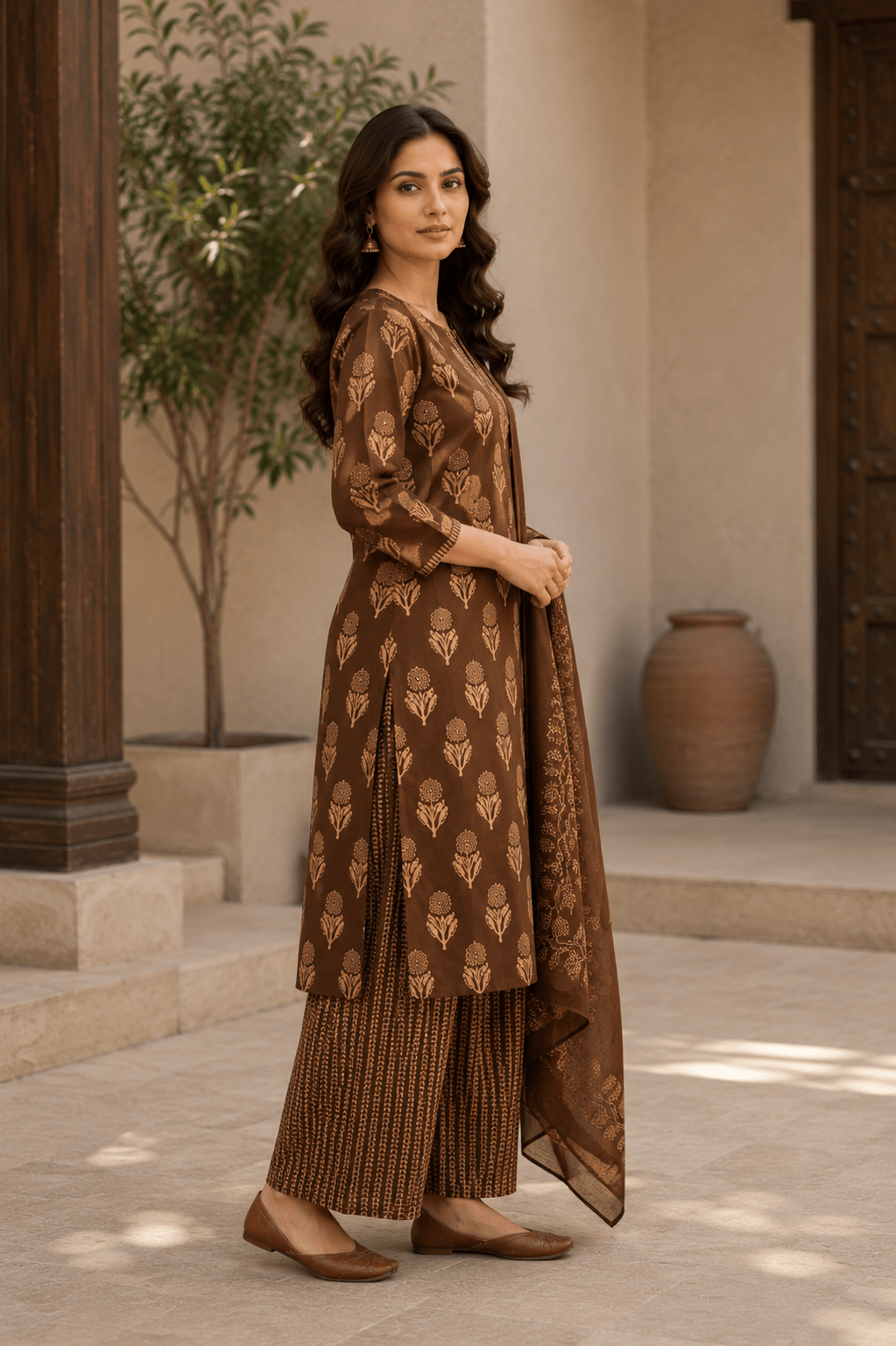 Coffee Brown Block Printed Cotton Kurti and Palazzo set