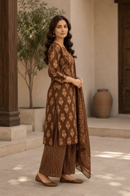 Coffee Brown Block Printed Cotton Kurti and Palazzo set