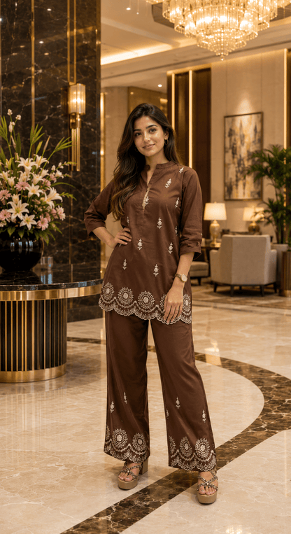 Coffee Brown Cotton Embroidered Co-Ord Set